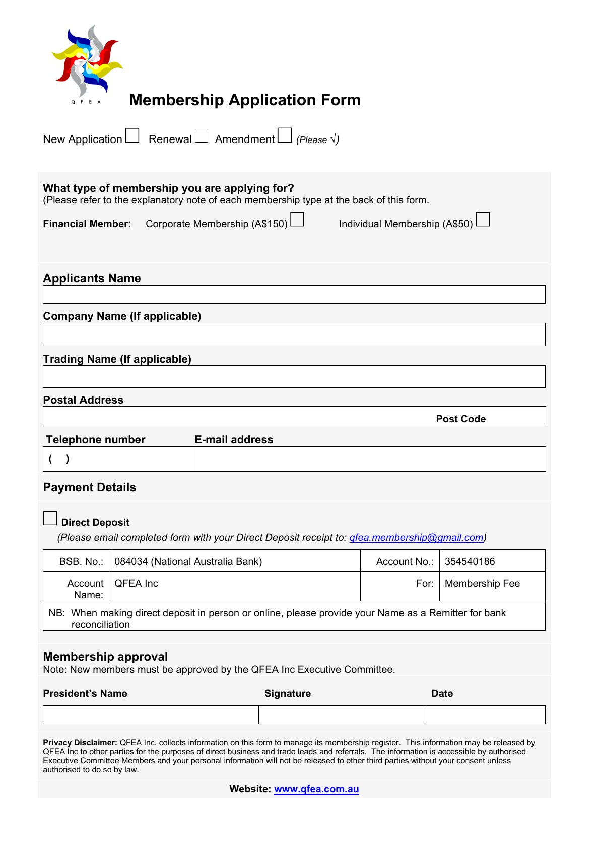 Page 1 of the QFEA Membership Application Form