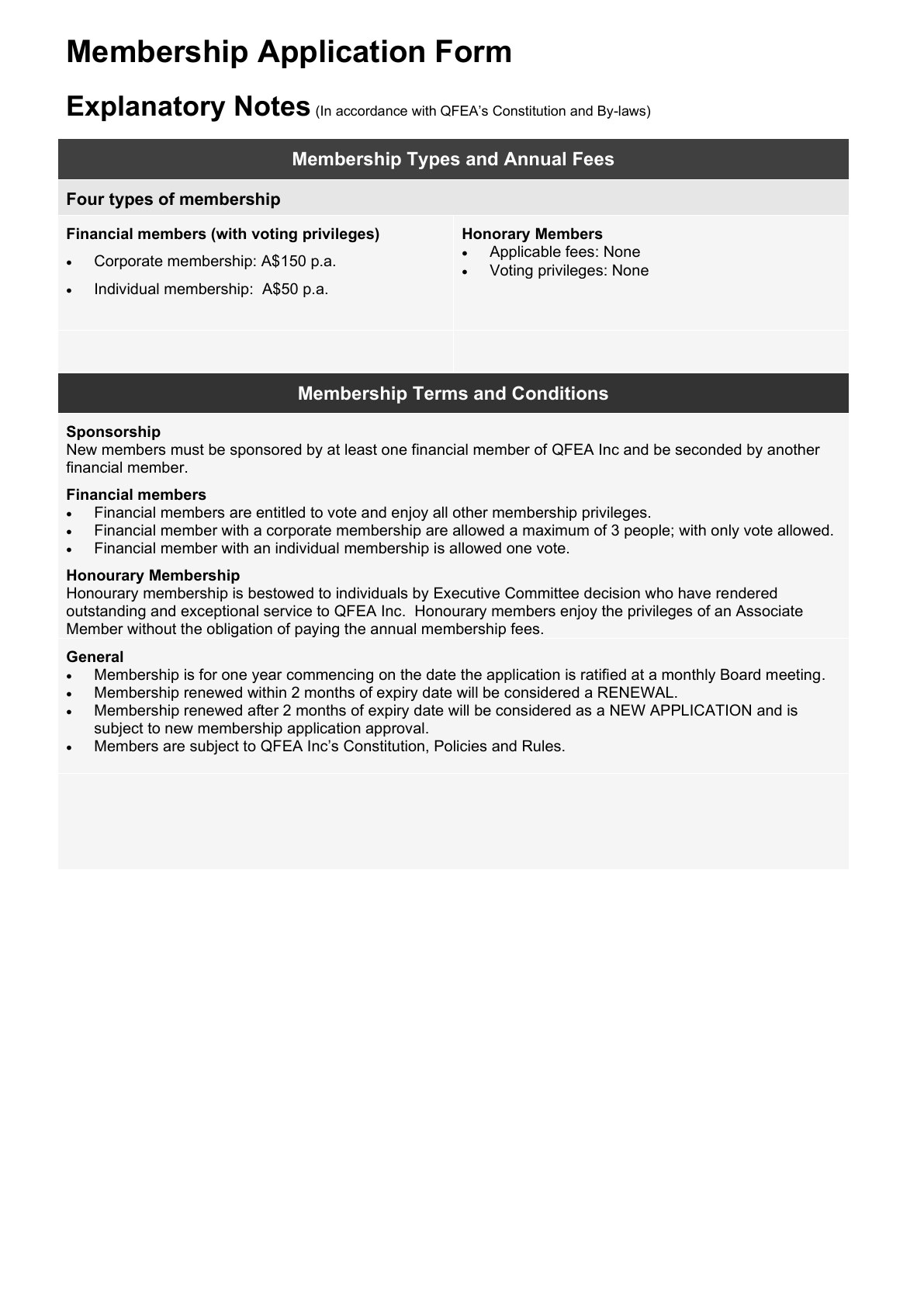 Page 2, explanatory notes for QFEA membership